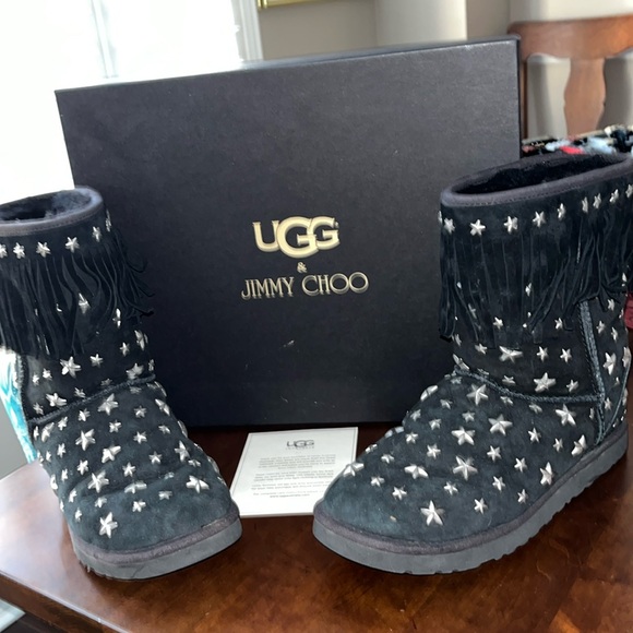 UGG & Jimmy Choo black fringe shearling star studded boots with original box - Picture 1 of 17